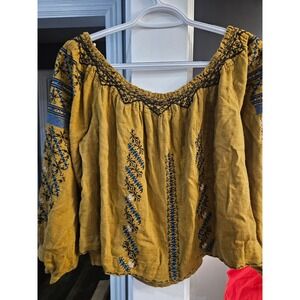 Free People Mustard Yellow Embroidered Off Shoulder Peasant Blouse Small S